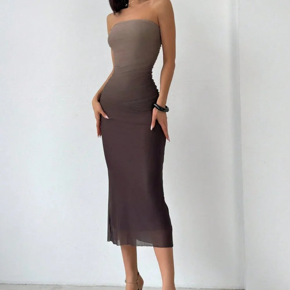Multicolor Elegant Women's American Style Gradient Mesh Strapless Bodycon Dress - Picture 6 of 7